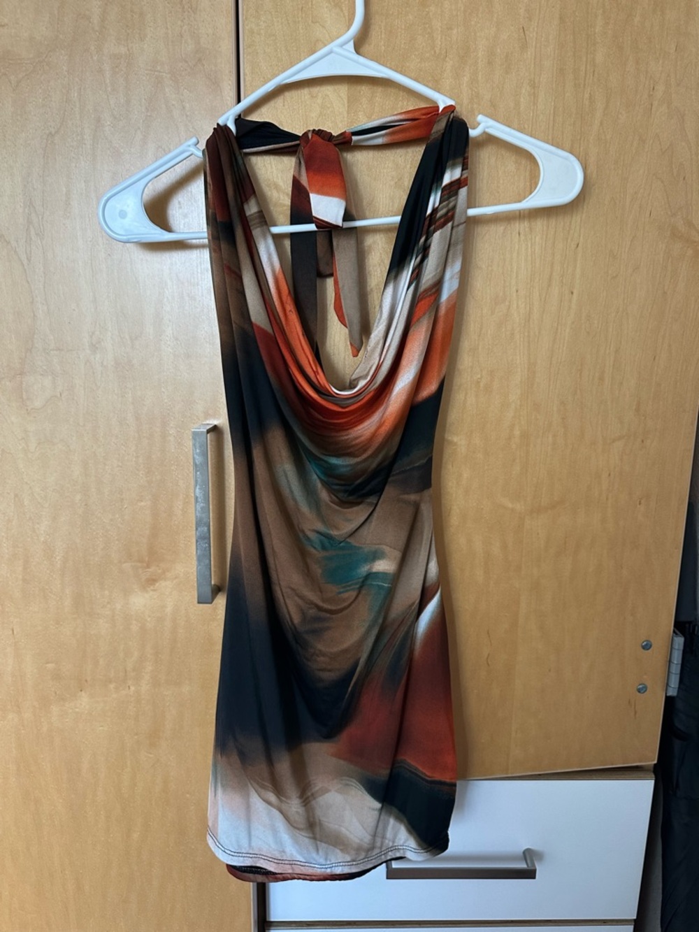 Sleeveless Cowl Halter Dress in Black, Rust & Teal
